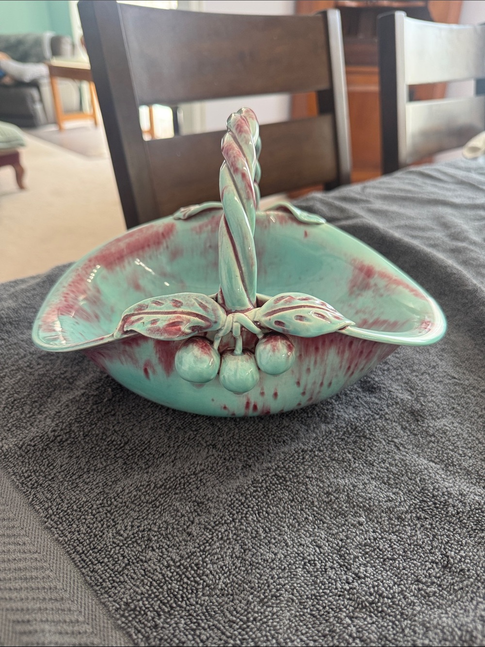 Aqua and Raspberry Glazed Ceramic Basket with Twisted Handle